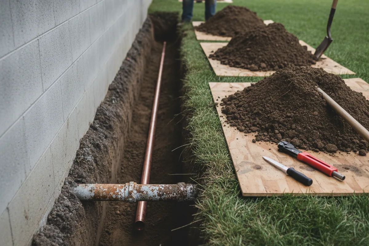 Excavated water line trench during Water Softener Installation in Buxton